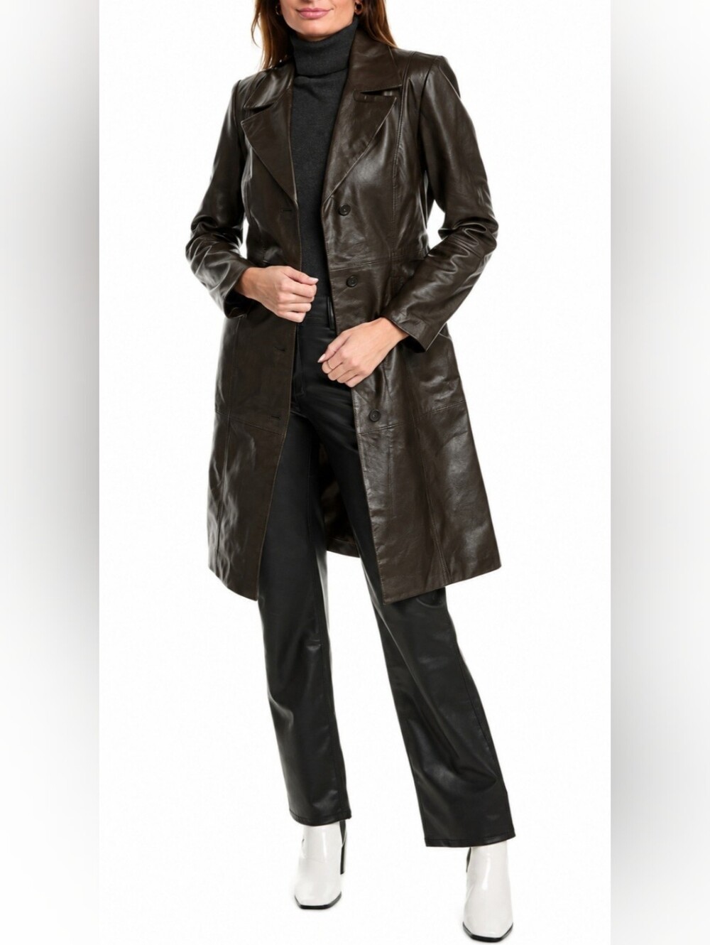 Badgley Mischka Brown Lamb Leather Belted Trench Coat Size L